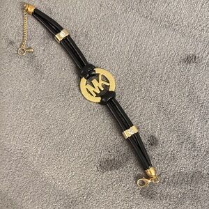 Michael Kors - Black Leather and Gold Tone Adjustable Logo Bracelet